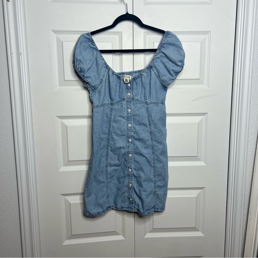 Madewell Chambray Denim Mini Dress Size 2 Puff Sleeve Button Front Cottagecore - Picture 2 of 5